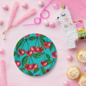 Assiettes En Carton Cerises rouges sur turquoise (Fête)