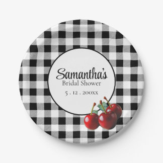 Assiettes En Carton Cerises Vintage gingham noir blanc