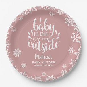 Assiettes En Carton C'est froid à l'extérieur Fille rose Fête prénatal