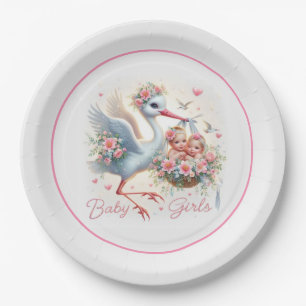 Assiettes En Carton C'est Twin Girl's with Stork, Baby Girls et Flower