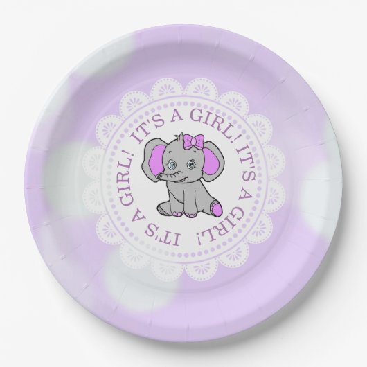 Assiettes En Carton C'est un Baby shower à thème Fille, Eléphant Viole (Devant)