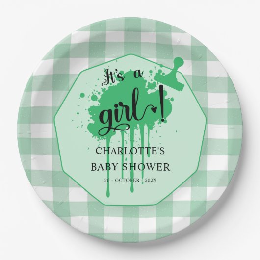 Assiettes En Carton C'est un Baby shower En vichy vert Girl Cute Paste (Devant)