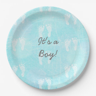 Assiettes En Carton C'est un Garçon, Baby Footprints Baby shower bleu