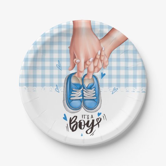 Assiettes En Carton C'est un garçon Baby shower Blue Boy Chaussures (Devant)