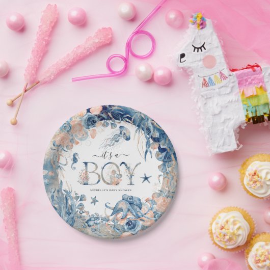 Assiettes En Carton C'est un garçon ! Baby shower sous-marin aquarelle (Fête)