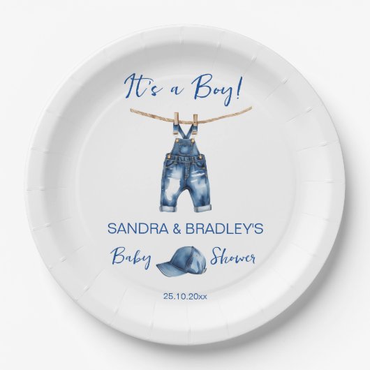 Assiettes En Carton C'est un garçon bleu jean baby shower modèle (Devant)