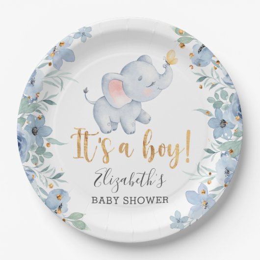 Assiettes En Carton C'est un garçon ! Sweet Elephant Baby shower Party (Devant)