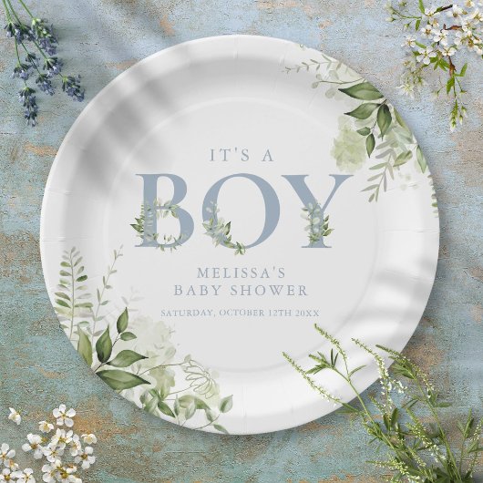 Assiettes En Carton C'est un garçon vert Dusty Baby shower lettre bleu