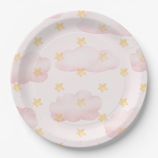 Assiettes En Carton c'est une fête de baby shower aux nuages roses (Devant)