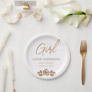 Assiettes En Carton C'Est Une Fille Baby shower Floral Blanc Or