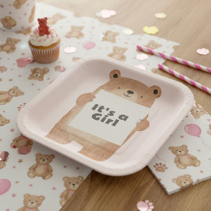 Assiettes En Carton C'est une fille Baby Shower ours rose