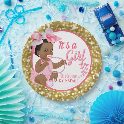 Assiettes En Carton C'est une fille ethnique| Parties scintillant rose (Fête)