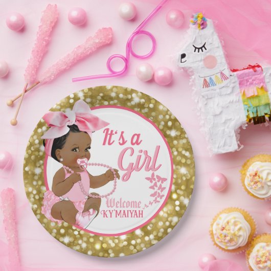 Assiettes En Carton C'est une fille ethnique| Parties scintillant rose (Fête)