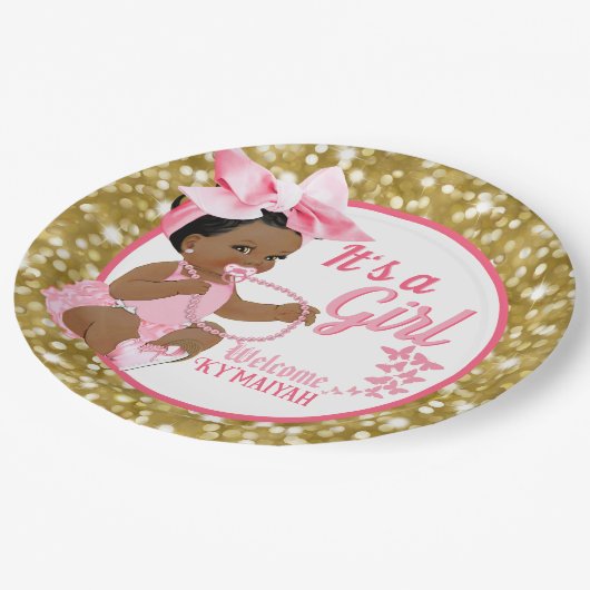 Assiettes En Carton C'est une fille ethnique| Parties scintillant rose (Angle)