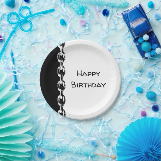 Assiettes En Carton Chaîne d'anniversaire heureuse en noir et blanc (Fête)