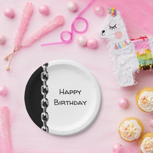 Assiettes En Carton Chaîne d'anniversaire heureuse en noir et blanc (Fête)
