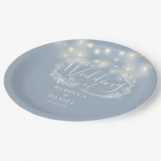 Assiettes En Carton Chaîne Lights Floral Dusty Mariage bleu (Angle)