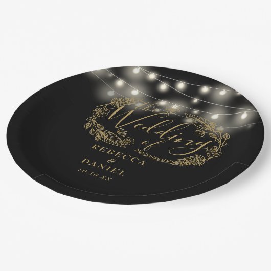 Assiettes En Carton Chaîne Lights Floral Noir Et Mariage Or (Angle)