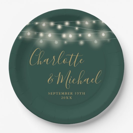 Assiettes En Carton Chaîne Lights Signature Script Vert Mariage Or (Devant)