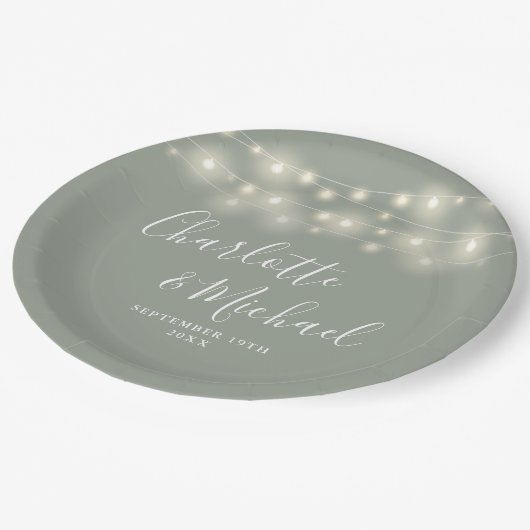 Assiettes En Carton Chaîne Lumière Signature Script Sage Mariage vert (Angle)