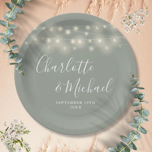 Assiettes En Carton Chaîne Lumière Signature Script Sage Mariage vert