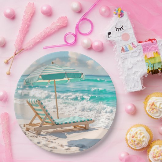 Assiettes En Carton Chaise Lounge Sur Sable Blanc (Fête)