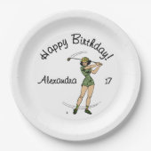 Assiettes En Carton Chaleureuse Lady Golfer Joyeux Anniversaire Nom Âg (Devant)