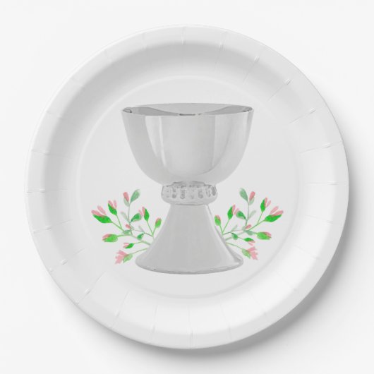 Assiettes En Carton Chalice et Buds Rose Verdure Première communion (Devant)