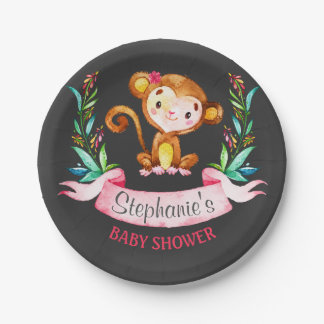 Assiettes En Carton Chalkboard Aquarelle Singe Baby shower Fille
