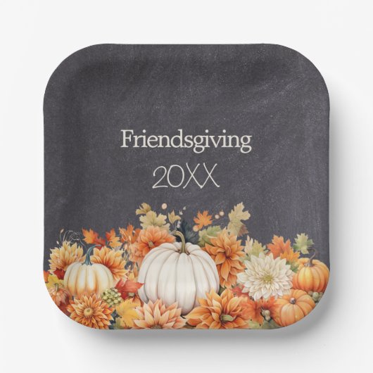 Assiettes En Carton Chalkboard Automne Citrouille Floral Friendsgiving (Recto)
