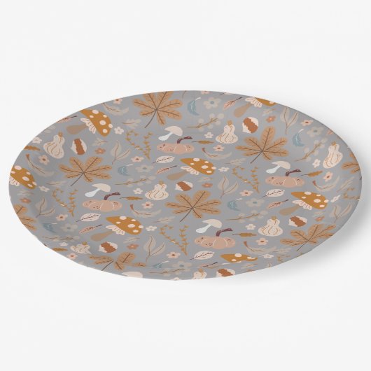 Assiettes En Carton Champ Citrouille d'automne avec feuilles et champi (Angle)