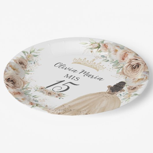 Assiettes En Carton Champagne Crème Beige Floral Princesse Quinceañera (Angle)