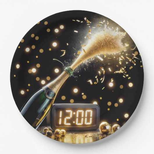 Assiettes En Carton Champagne du Nouvel An Avec Horloge De Minuit (Devant)