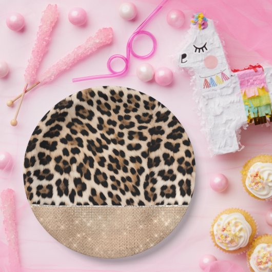 Assiettes En Carton Champagne Glitz Crème Leopard (Fête)