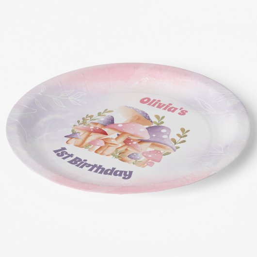 Assiettes En Carton Champignons violets roses 1er anniversaire (Angle)