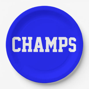 Assiettes En Carton CHAMPS Amusant Sportif Texte Blanc Sur Bleu Royal