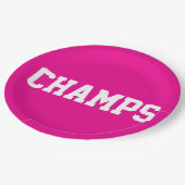 Assiettes En Carton CHAMPS Fun Sporty White Text On Bright Hot Pink (Angle)