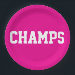 Assiettes En Carton CHAMPS Fun Sporty White Text On Bright Hot Pink<br><div class="desc">This sporty design features athletic CHAMPs white text against bright hot pink background.   The colors and text in this design can be personalized.</div>
