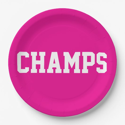 Assiettes En Carton CHAMPS Fun Sporty White Text On Bright Hot Pink (Devant)