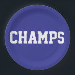 Assiettes En Carton CHAMPS Fun Sporty White Text On Deep Blue<br><div class="desc">This sporty design features athletic CHAMPS white text against deep blue background.   The colors and text in this design can be personalized.</div>