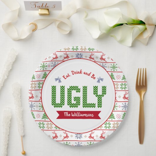 Assiettes En Carton Chandail de Noël moche Nordic Red Green Knit Nom (Mariage)