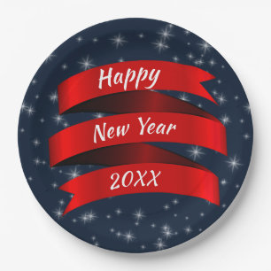Assiettes En Carton Changer l'année Texte Bonne année 20xx Ruban rouge