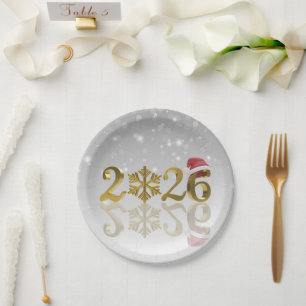 Assiettes En Carton Chapeau de Père Noël et flocon de neige   Bonne an