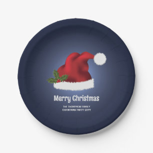 Assiettes En Carton Chapeau de Santa Festif Rouge sur Fond Bleu avec T