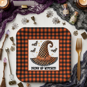 Assiettes En Carton Chapeau de sorcière Halloween à carreaux orange et