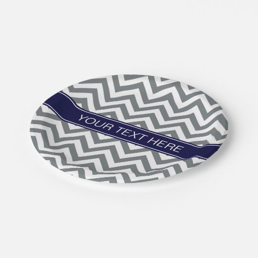 Assiettes En Carton Charcoal Grey Lg Chevron Navy Blue Nom Monogramme (Angle)