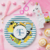 Assiettes En Carton Chariots de construction Bleu rayures Monogramme (Fête)