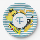 Assiettes En Carton Chariots de construction Bleu rayures Monogramme (Devant)