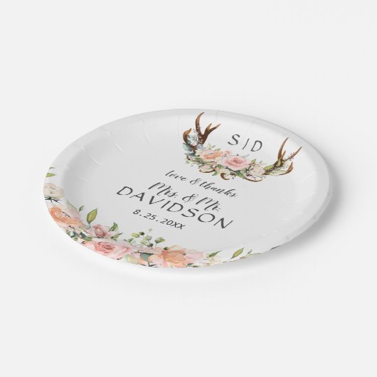 Assiettes En Carton Charm rose Fleurs rousses Antlers Mariage Monogram (Angle)