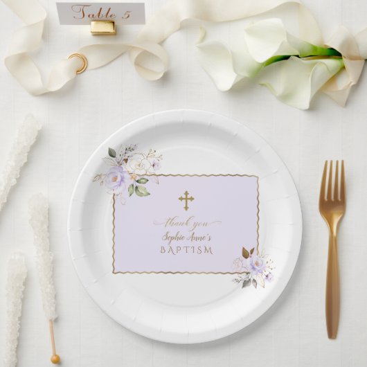 Assiettes En Carton Charme Fleurs d'or violet clair Baptême (Mariage)